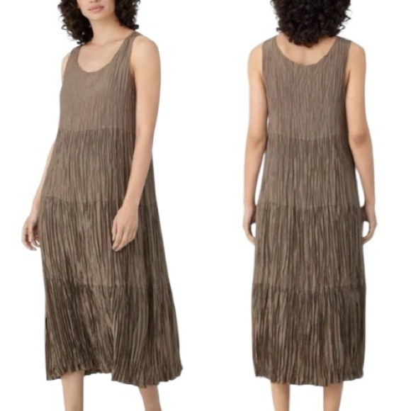 Eileen Fisher Crushed Silk Tiered Midi Dress Brown Size XL Sleeveless - Picture 14 of 14